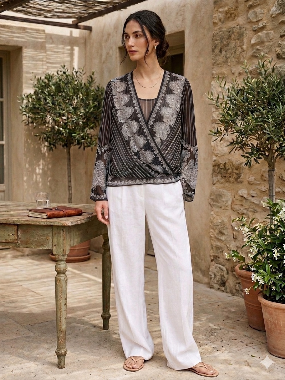 Chico's Black Sheer Striped Wrap Blouse